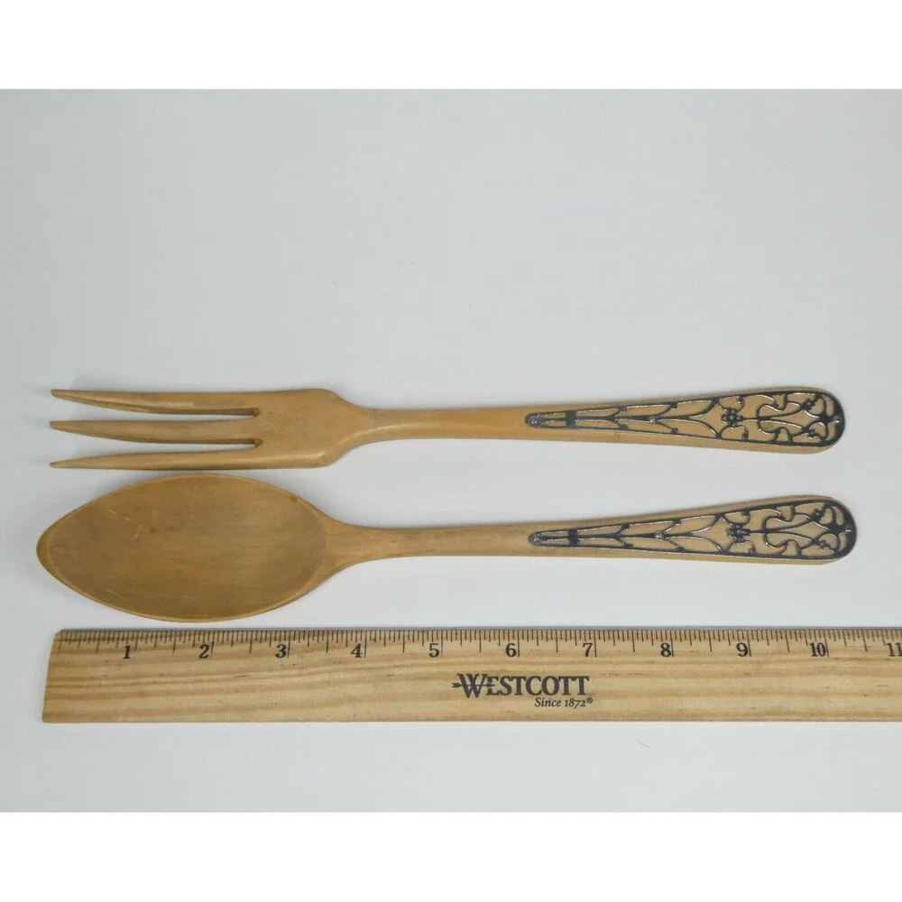 Wooden Salad Serving Set Fork & Spoon Silver Overlay Filigree Handle Vintage MCM